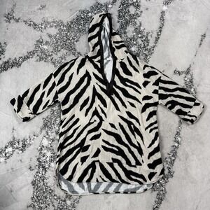 Tribal Sport Hoodie Womens Sz L Black Beige Zebra Pattern 100% Cotton 1/4 Sleeve